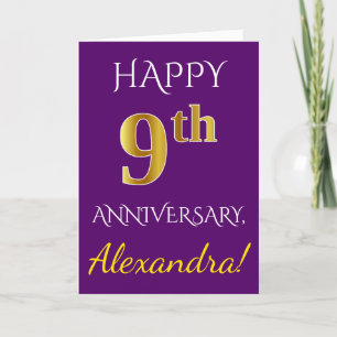 Carte Violet, Or Faux 9e Anniversaire de Mariage + Nom