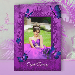 Carte Violet, pourpre, papillons bleu marine Quinceanera