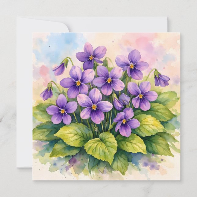 Carte Violettes violettes en fleurs à l'aquarelle  (Devant)