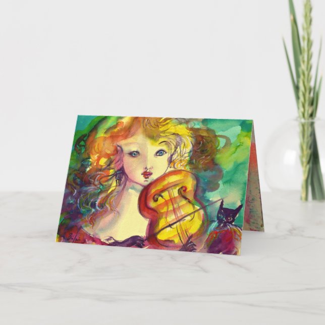 Carte VIOLINISTE FILLE, VIOLIN ET CAT Joyeux anniversair (Devant)