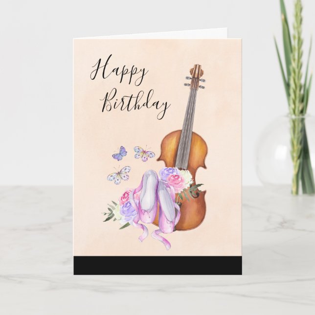 Carte Violon, Chaussons de Ballet, Fleurs et Papillons (Devant)