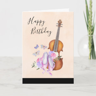 Carte Violon, Chaussures de Ballet, Fleurs et Papillons