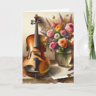 Carte Violon, Partition et un Vase de Fleurs