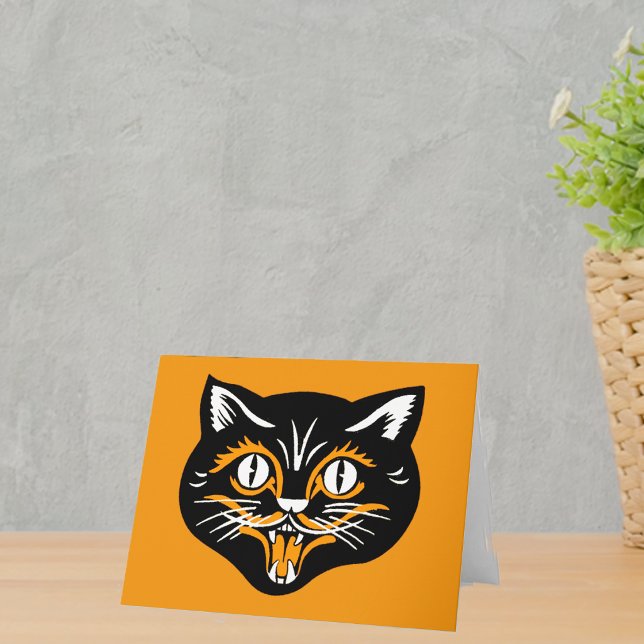 Carte Visage de chat vintage Halloween (Vintage Halloween smiling black cat face with orange and white accents on notecards.)