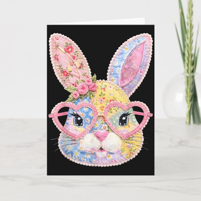 Carte Visage de lapin drôle Gles patchwork floral Lapin  (Devant)