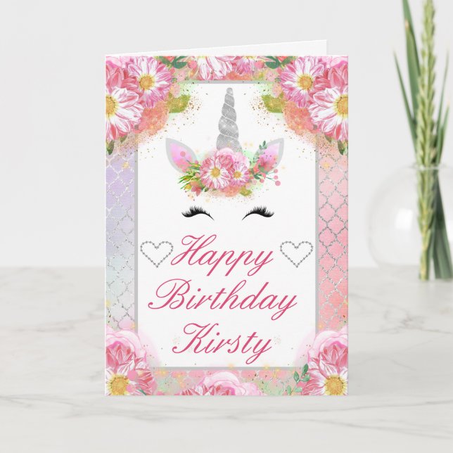 Carte Visage de Licorne Rose Argent Anniversaire (Devant)