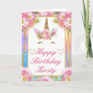 Carte Visage de Licorne Rose Or Anniversaire