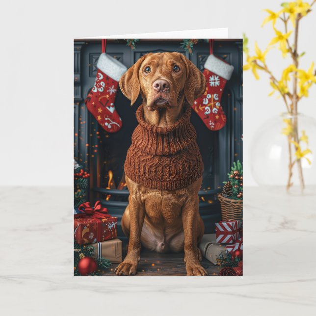 Carte Vizsla avec des cadeaux de Noël Cheminée (Fleur jaune)