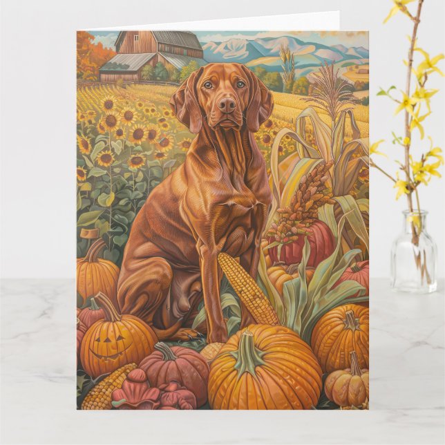 Carte Vizsla Chien moisson d'automne Thanksgiving (Fleur jaune)