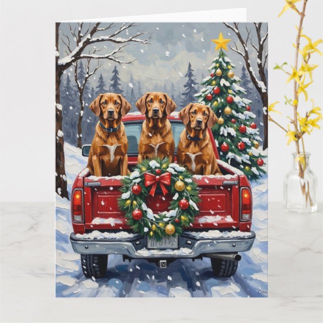 Carte Vizsla Christmas Red Truck Holiday (Fleur jaune)
