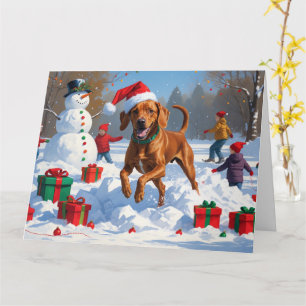 Carte Vizsla coule en neige avec Casquette de Noël