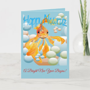 Carte Vœux bleu ciel pour un Nowruz heureux avec poisson