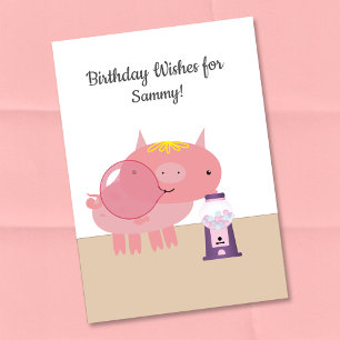Carte Vœux d'anniversaire au bubble gum de porcelet