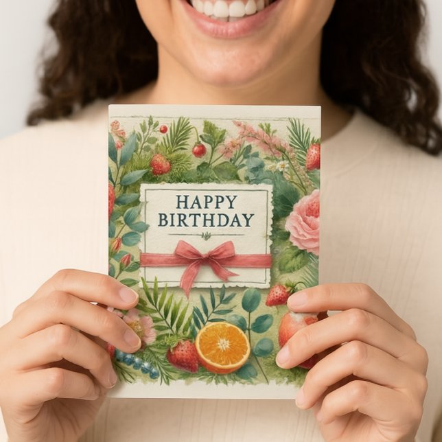 Carte Vœux d'anniversaire botaniques pour elle  (Botanical birthday cheer strawberries, roses, and pine frame a sweet wish with ribbon and bow )