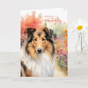 Carte Vœux d'anniversaire de chien Collie Fleur Jardin