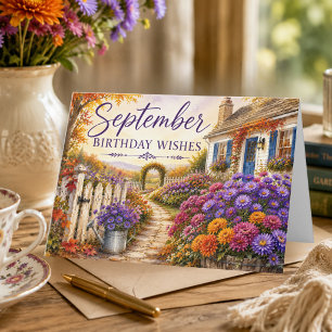 Carte Vœux d'anniversaire de septembre Asters violets An