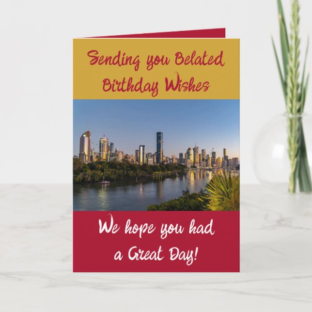 Carte voeux d'anniversaire tardif ajouter photo or rouge (Devant)