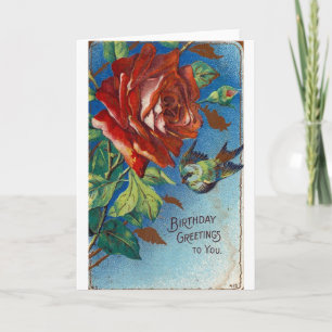Carte Voeux d'anniversaire vintages Rose et oiseau
