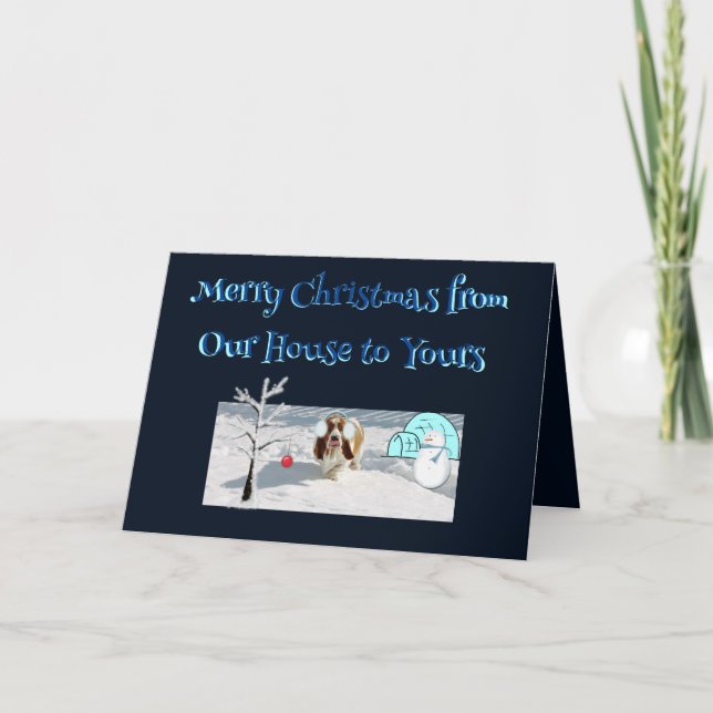 Carte Voeux de Noël avec Basset dans la neige (Devant)
