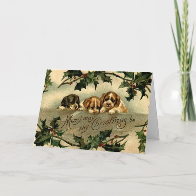 Carte Vœux de Noël de chiots au houx (Devant)