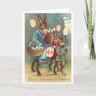 Carte Vœux de Pâques victoriens vintage avec lapins