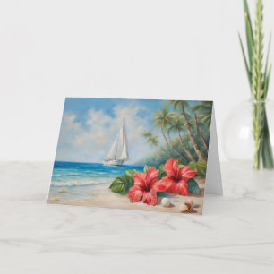 Carte Voilier près de la plage tropicale, fleurs d'hibis