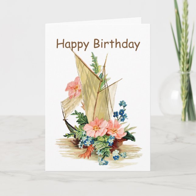 Carte Voilier vintage avec Fleurs Anniversaire (Devant)