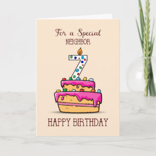 Carte Voisin 7e anniversaire, 7 sur Gâteau rose doux