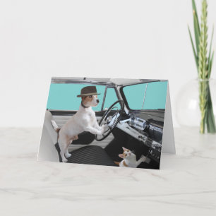 Carte Voiture classique Jack Russell et Chat Driving