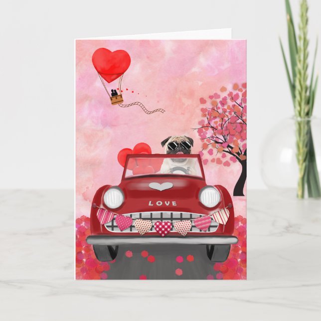Carte Voiture de chien Pug avec coeurs Saint-Valentin   (Devant)