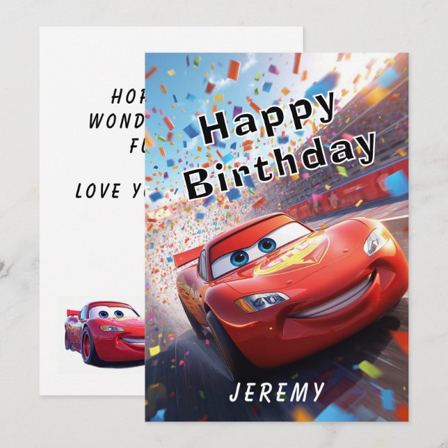 Carte Voiture de course de dessin animé Joyeux Anniversa (Devant / Derrière)