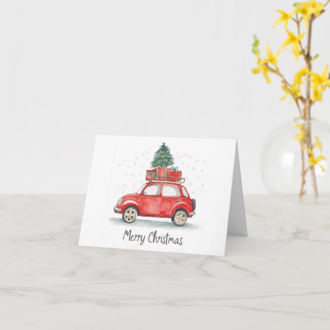 Carte Voiture de Noël rouge avec cadeaux, sapin sur le d (Fleur jaune)
