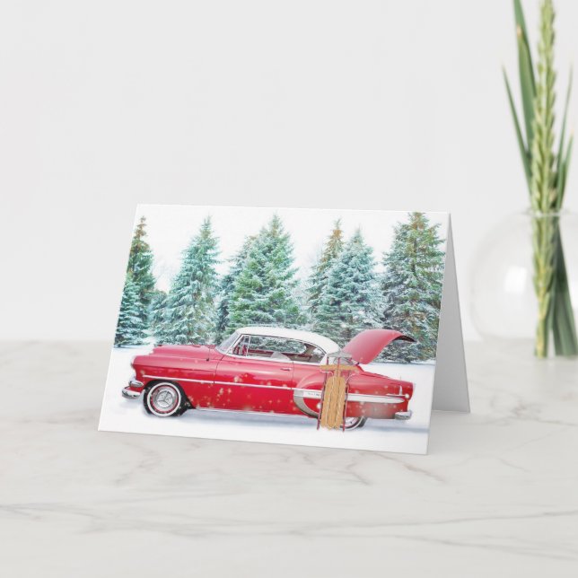 Carte Voiture de Noël Rouge Vintage (Devant)