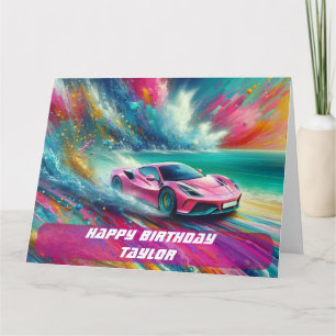 Carte Voiture de sport rose vibrante sur une plage tropi