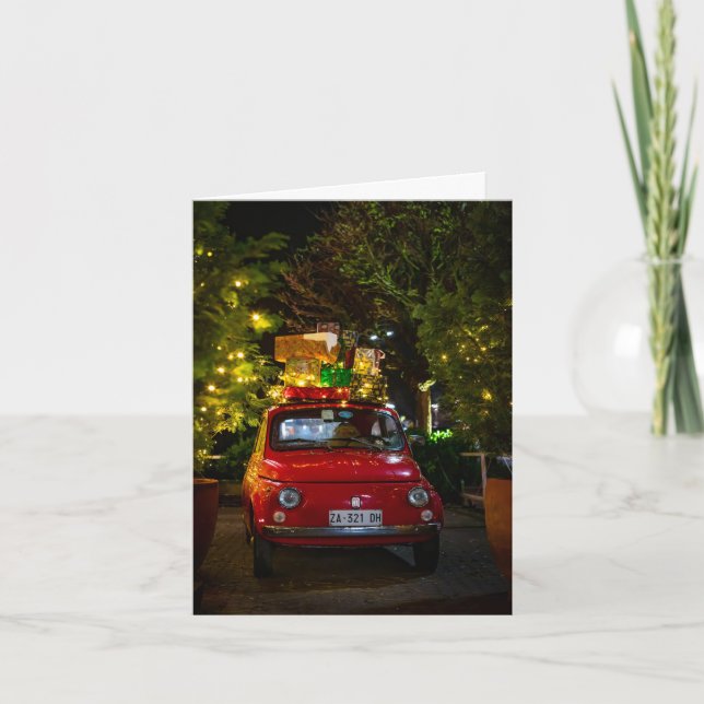 Carte Voiture Rouge Cinquecento Décorée Pour Noël (Devant)