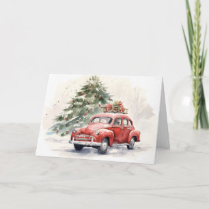 Carte Voiture rouge de style vintage et Arbre de Noël