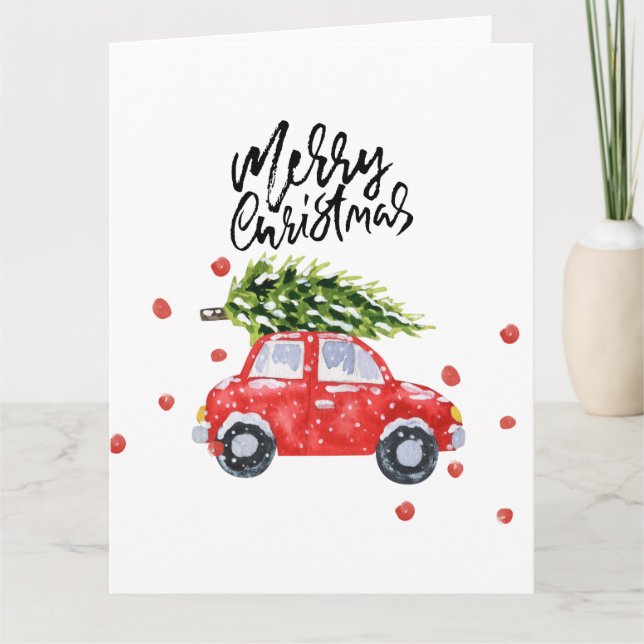 Carte Voiture rouge Joyeux Noël avec sapin de Noël   (Devant)