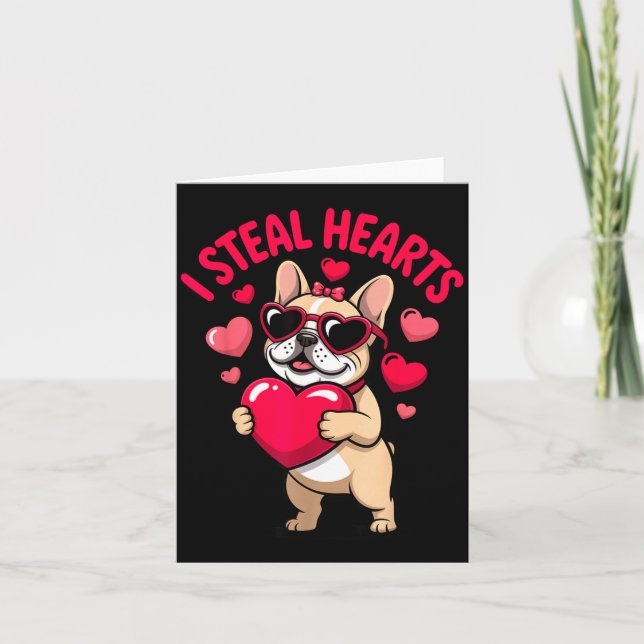 Carte Vole des coeurs bouledogue français valentin drôle (Devant)