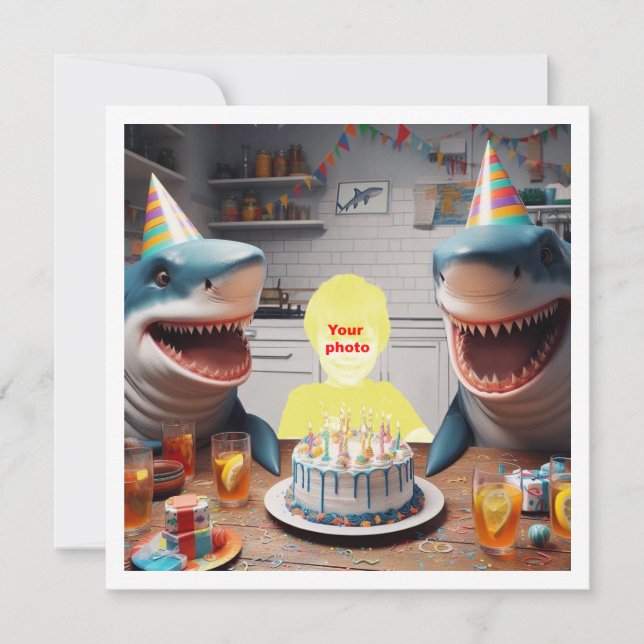 Carte Votre enfant avec fête d'anniversaire de requins,  (Devant)