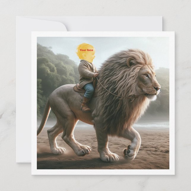 Carte Votre enfant montant un lion, mettez mon visage su (Devant)