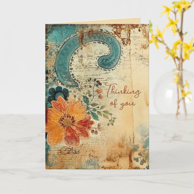Carte Vous Pensant Vintage Paisley  (Fleur jaune)