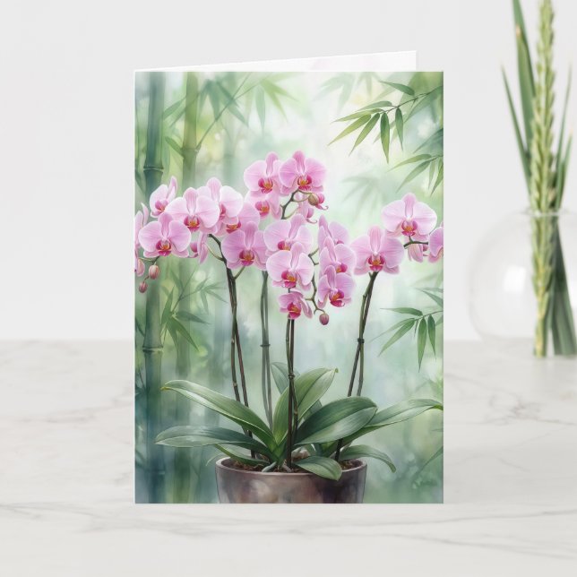 Carte Vous penser Orchidées roses sur bambou vert (Devant)