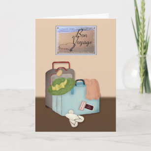 Carte Voyage de fève, valises emballées, thème de plage
