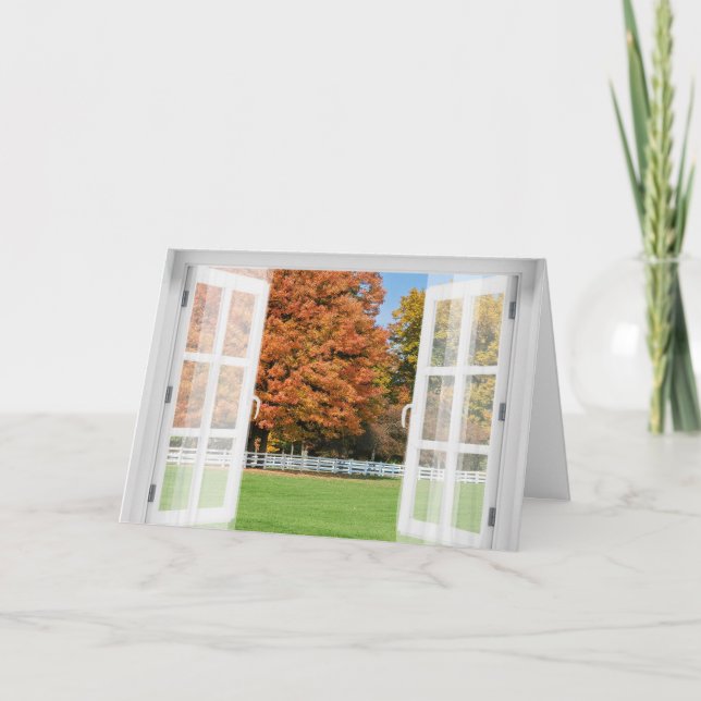 Carte Vue de l'arbre de chêne d'automne dans la fenêtre (Devant)