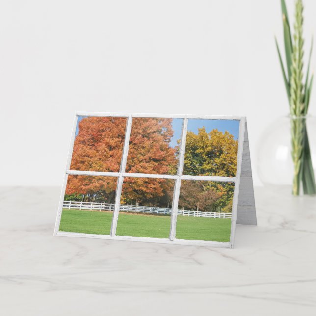 Carte Vue de l'arbre de chêne d'automne dans la fenêtre (Devant)