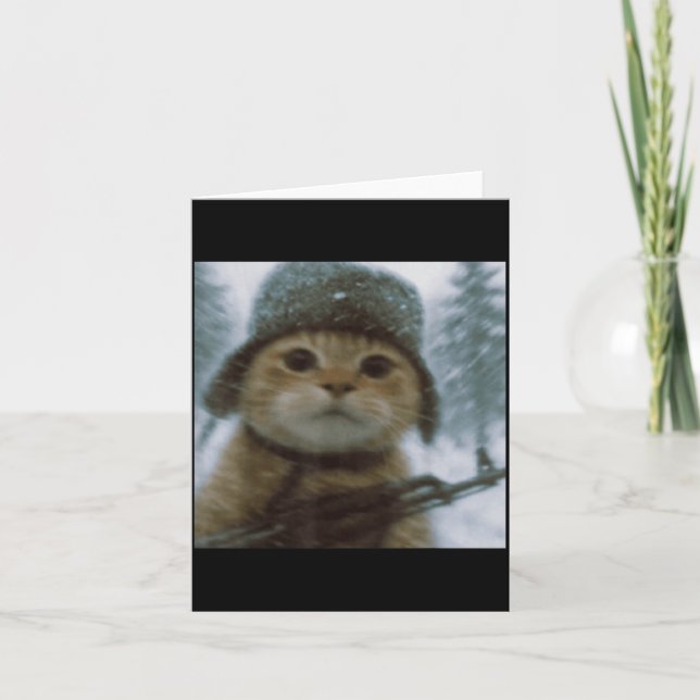 Carte Wacky Cat Snow Kitten Soldier Selfie With Gun Meme (Devant)