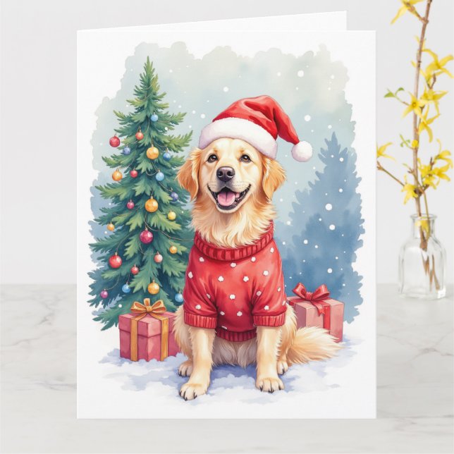 Carte Warm Watercolor Golden Retriever Christmas Tree (Fleur jaune)
