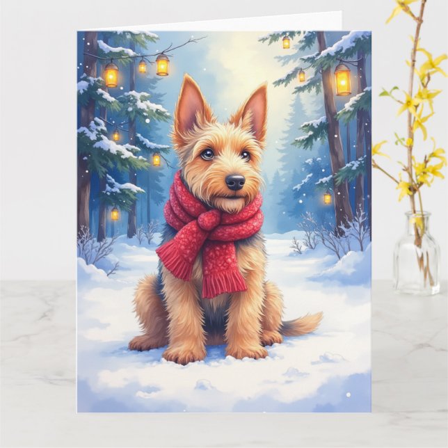 Carte Watercolor Airedale Terrier Snowy Christmas (Fleur jaune)