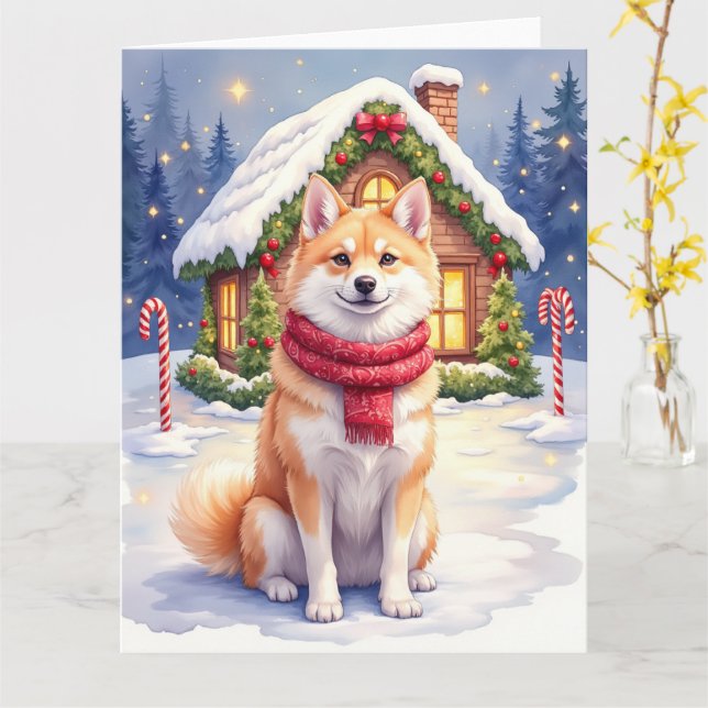 Carte Watercolor Akita Gingerbread House Christmas  (Fleur jaune)
