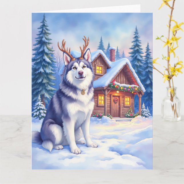 Carte Watercolor Alaskan Malamute Reindeer Christmas (Fleur jaune)